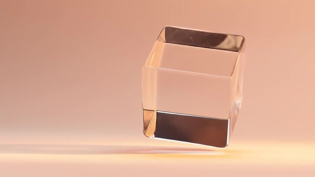 Transparent geometric cube floating in warm lighting simple composition