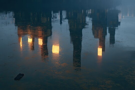 Gleaming towers reflect golden light on rippling water at dusk