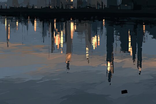Abstract cityscape reflected in water at dusk, with warm light on buildings