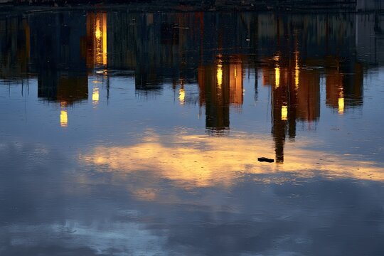 City skyline reflected in water at sunset, with warm light on buildings
