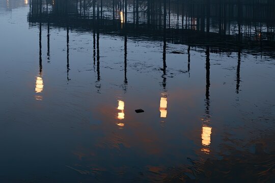 Vertical structures and their blurred reflections shimmer across dark, rippling water
