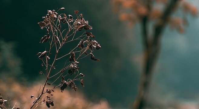 A single dried plant stem with withered seed pods stands against a blurred background