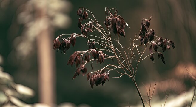 A dry, brown, skeletal plant stem with drooping seed pods in a forest