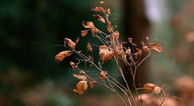 Delicate dried leaves on thin branches against a soft, blurred forest background