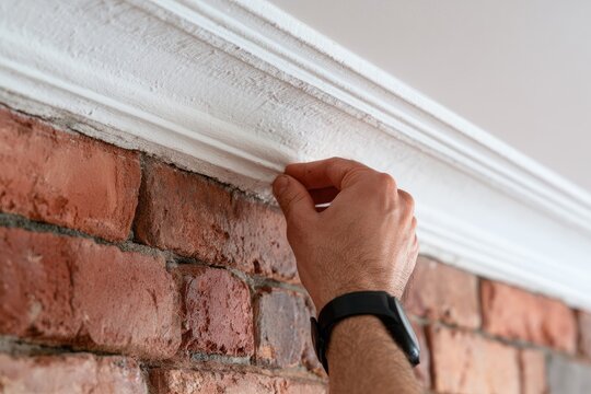 Hand installing decorative molding along a rustic brick wall and white ceiling