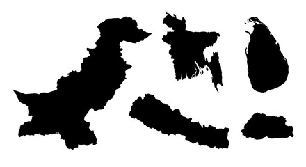 South Asian country maps collection, black silhouette vector outlines of Pakistan Bangladesh Sri Lanka Nepal and Bhutan, isolated geographic borders © Adobe