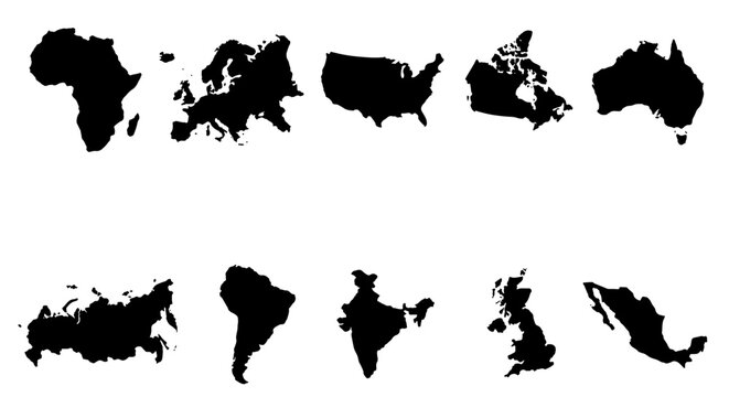 World map silhouettes collection, 10 black continent and country vector shapes, global geography icons for travel and education infographics
