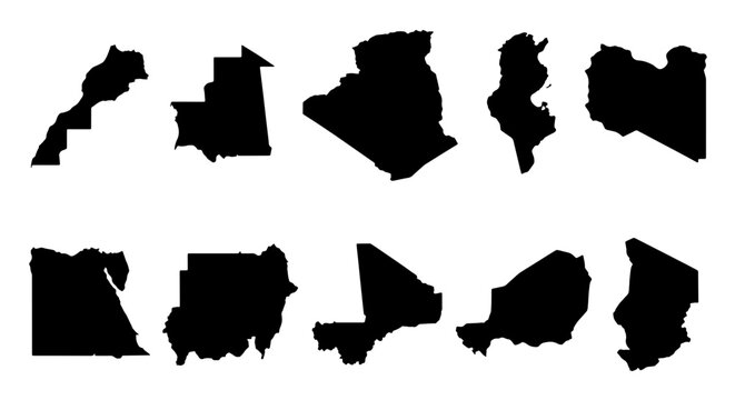 North African country maps collection, set of 10 black silhouettes of African nations, isolated vector map outlines for infographics and education
