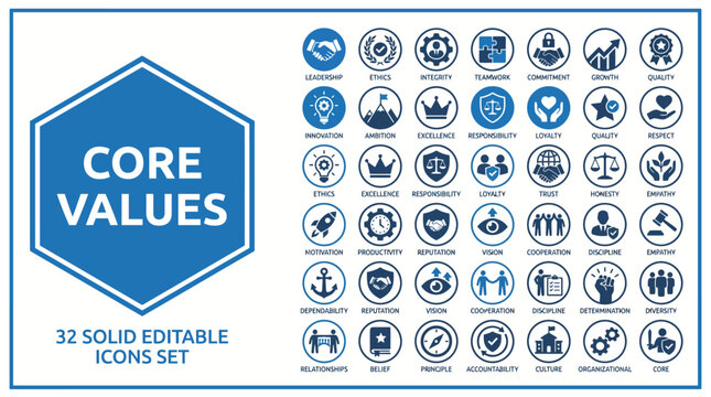Core Values Icon Set: 32 Solid Editable Circular Icons with Blue Shield Badge for Business, Leadership, and Team Values