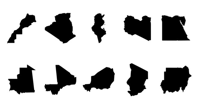 North Africa map silhouettes set, 10 black country outlines of African nations, minimalist geographic vector icons for infographics and travel design