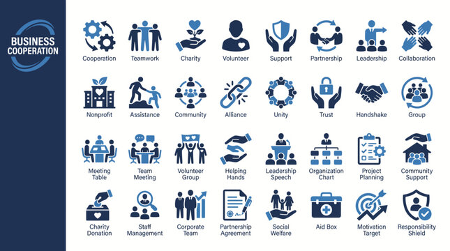 Business cooperation and teamwork infographic: collaboration, strategy, planning, and growth icons for effective project management and innovation.