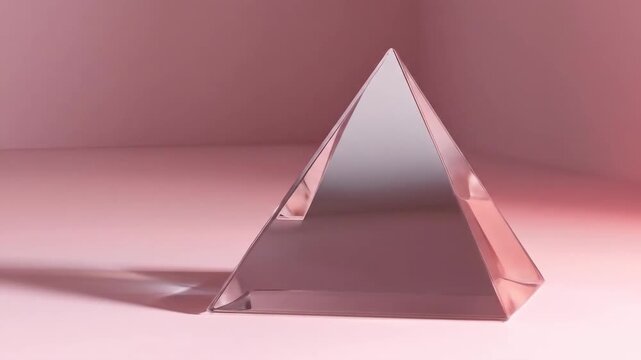 Transparent pyramid on pink surface abstract geometric shape concept