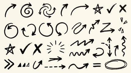 Hand-drawn doodle arrows and icons collection with stars, circles, zigzags and decorative symbols for design, UI/UX, notes, and brainstorming © Achmad
