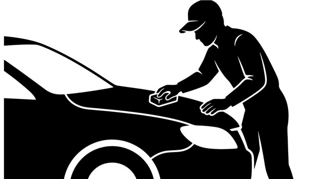 Professional car detailing silhouette, worker polishing vehicle hood with sponge, automotive cleaning service icon, black and white car wash vector
