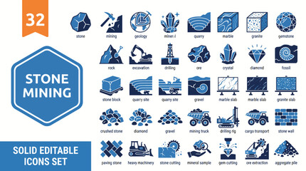 Fototapeta premium Stone Mining Icon Set: Solid Editable SVG Icons for Quarrying, Rock Extraction, Open-Pit and Underground Mining, and Construction Projects