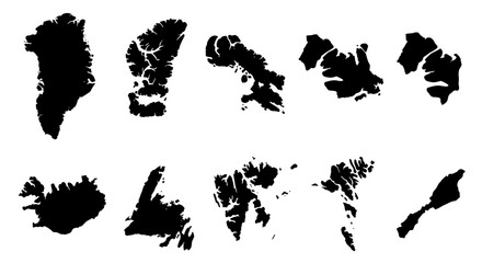 Arctic island silhouettes set, 10 black vector map shapes of northern territories, isolated geographic landmass icons for cartography © Adobe