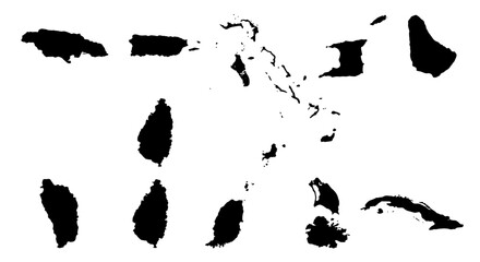 Caribbean island map silhouettes set, black vector outlines of West Indies territories, isolated geographic landmass shapes for travel infographics © Adobe