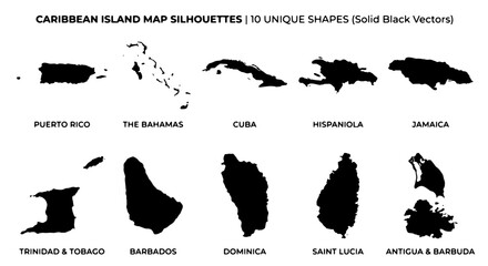 Caribbean island map silhouettes, 10 unique shapes set in solid black vector, Puerto Rico Cuba and Jamaica geographic outlines for travel infographics © Adobe