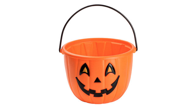 Orange plastic pumpkin bucket for halloween trick or treat sweets isolated on transparent background cut out