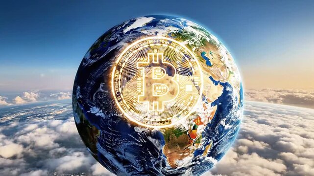 A globe with a Bitcoin symbol surrounded by vibrant colors and set against a cloudy sky
