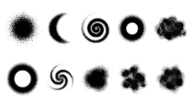 Collection of black abstract shapes including dots, crescents, spirals, circles and organic blobs arranged in a grid for modern design and branding.