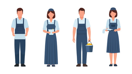Obraz premium Set of four professional cleaners in uniform, including men and women, ready for work.