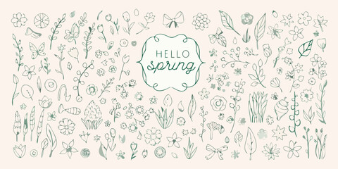 Floral ornament with spring greeting delicate green line art illustration © Laki