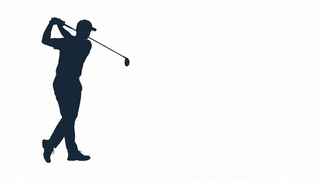 Dynamic male golfer silhouette captured at the peak of his golf swing on white.