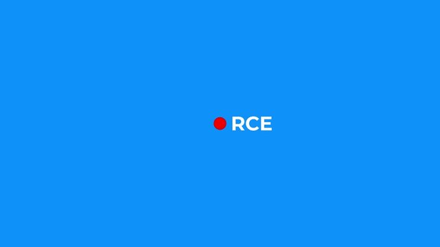 Minimalist recording indicator animation with rce text and pulsing red dot on blue background, live broadcast