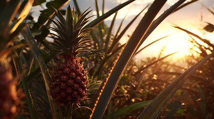Fototapeta premium Tropical fruit growing in a lush field at sunrise golden hour