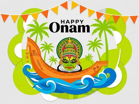 Happy Onam Festival Greeting Kerala Culture Kathakali Mask Snake Boat Illustration