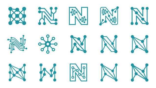 Set of Technology Letter N Logos and Digital Network Icons