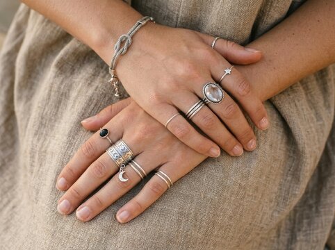 Closeup of a womans hands wearing multiple silver rings and a knot bracelet, resting on a beige linen fabric