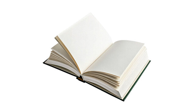 Open vintage blank notebook textbook mockup with white clean pages isolated on transparent background cut out