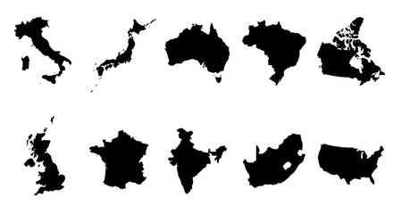 World map country silhouettes set, 10 black vector map icons of global nations, minimalist geographic borders for travel and education © Adobe
