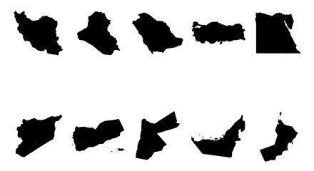 Middle East country map silhouettes, set of 10 black vector icons, geographic borders of Arab nations and neighboring regions for infographics © Adobe