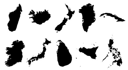 Black island silhouettes collection, set of 10 world island maps in vector format, minimalist geographic landmass outlines for travel and education © Adobe