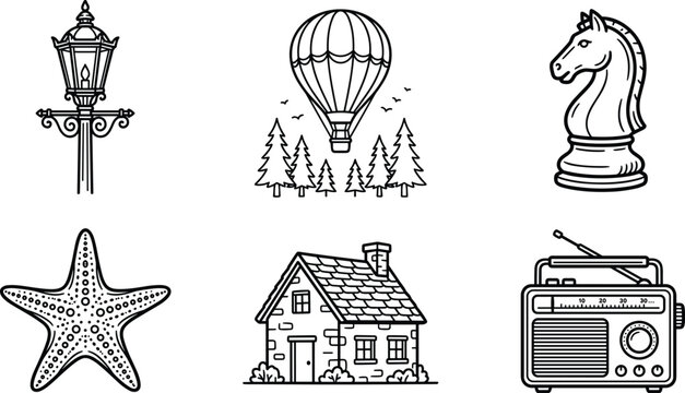 Minimalist black line art miscellaneous icons vector illustration setMinimalist black line art miscellaneous icons vector illustration set