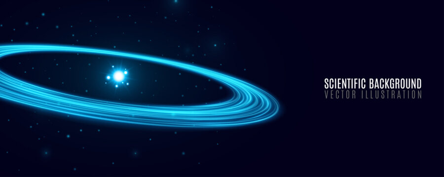 Scientific background featuring a glowing blue atom model with bright central nucleus and dynamic orbiting electron rings on a deep dark space backdrop with scattered star particles. Vector.