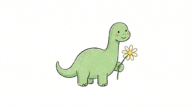 Cheerful green long-neck dino offers daisy on white backdrop