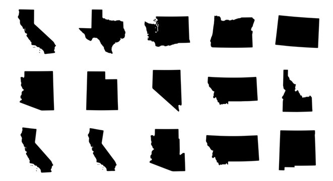 United States map silhouettes, 15 black vector state icons, American geography border outlines for educational infographics and travel design