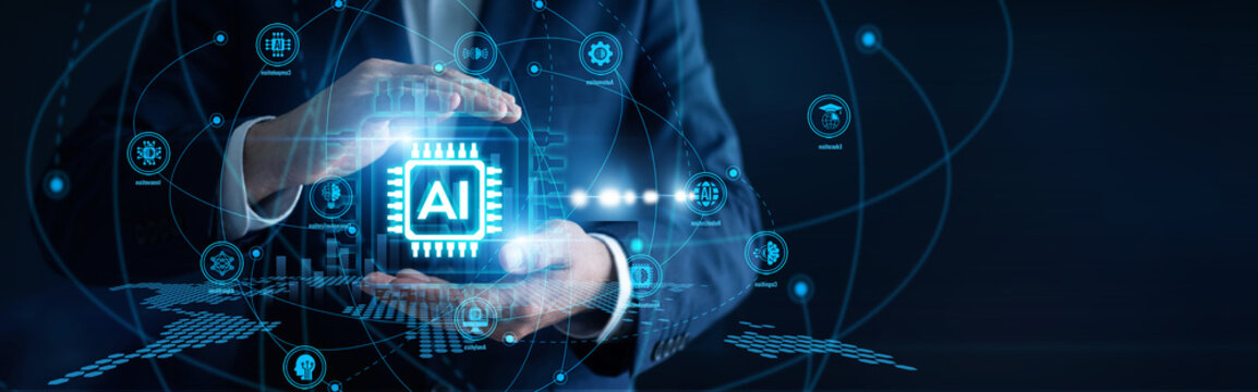 Data scientist hands hold a portable tablet analyzing complex Artificial Intelligence models. Machine learning algorithms automate predictive analytics to optimize business efficiency.