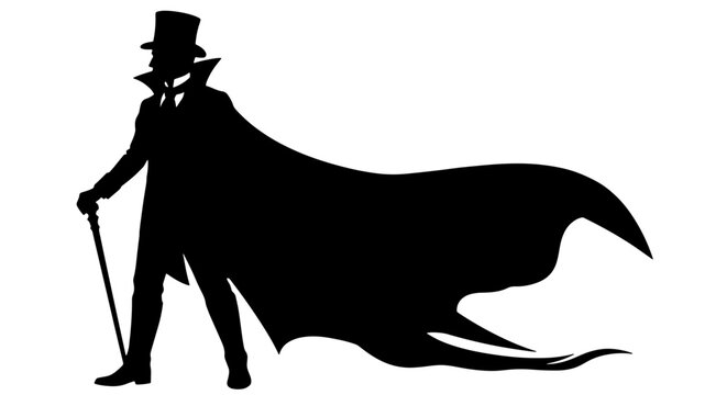 Mysterious Victorian gentleman silhouette with top hat and cape, dark gothic magician character vector, elegant vintage villain with walking stick