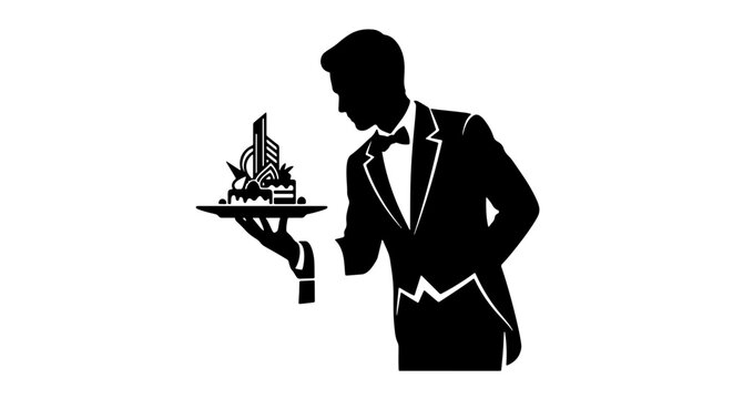Professional waiter silhouette holding a city skyline on a tray, real estate service concept, luxury property management vector illustration