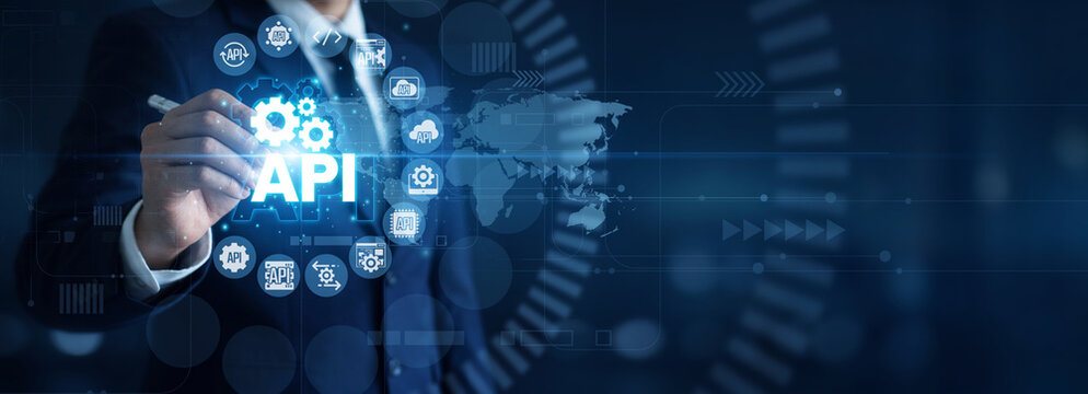 System integration. Developer point of API building software connections and seamless data exchange platforms on modern computer monitor. Programming interface and backend networks.