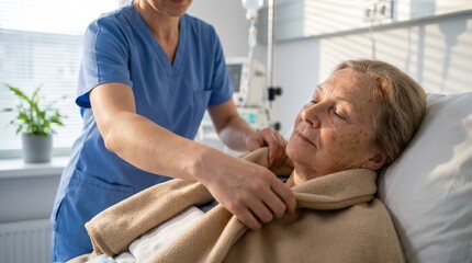 Fototapeta premium Caring Nurse Provides Comforting Care to a Peaceful Senior Woman Resting in a Hospital Bed