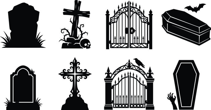 Collection of cemetery silhouettes including tombstones graves spooky gates and coffins isolated on white background for Halloween designs