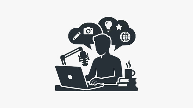 Black and white illustration of a person working on laptop.