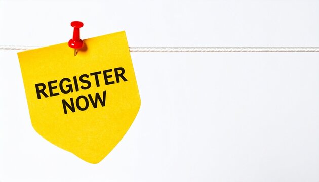 Yellow sticky note with REGISTER NOW pinned by pushpin