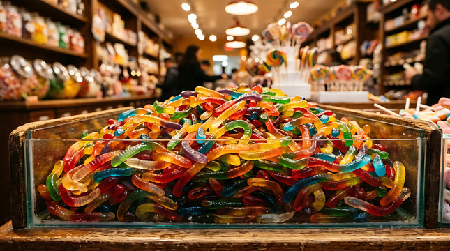 A vibrant heap of colorful gummy worms in a candy store, offering a tempting assortment of sweet delights.